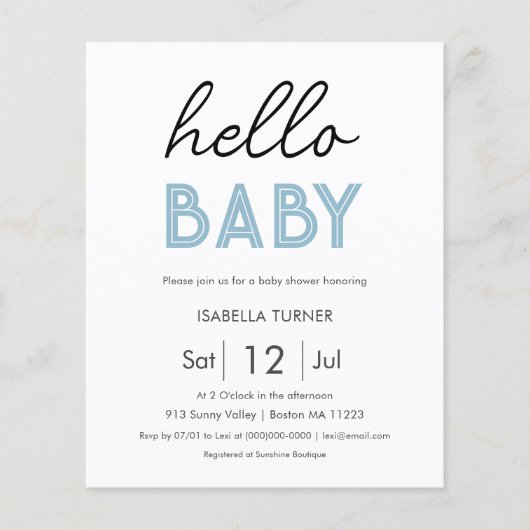 Blauw HALLO | BABY | Uitnodiging voor Baby shower (Voorkant)