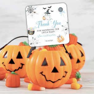 Blauw Halloween Baby Shower Geest Pompoenen Snoep Vierkante Sticker