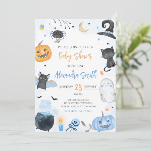 Blauw Halloween Baby shower Kaart (Staand voorkant)
