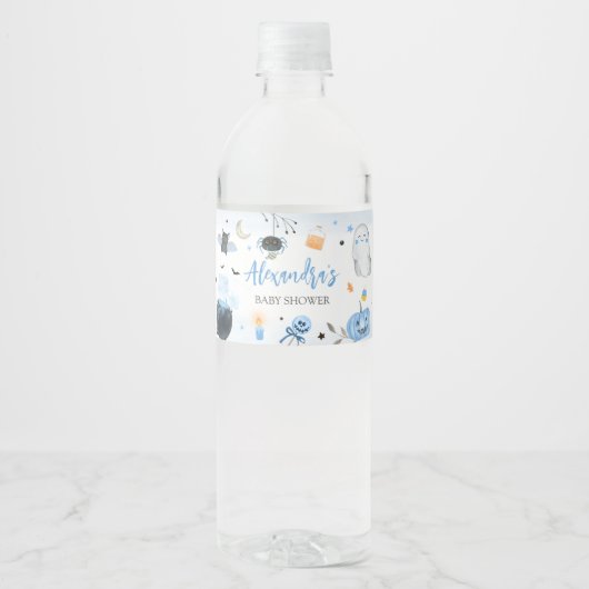 Blauw Halloween Baby shower Waterfles Etiket (Voorkant)