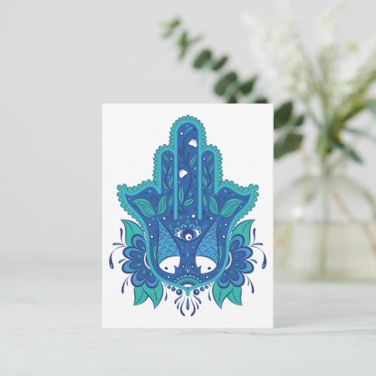 Blauw Hamsa-ontwerp Briefkaart (Staand voorkant)