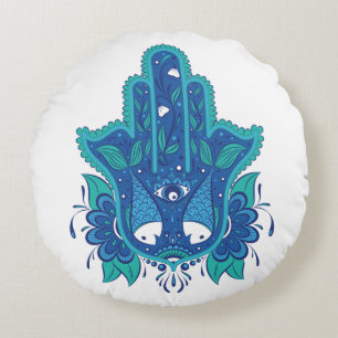 Blauw Hamsa-ontwerp Rond Kussen