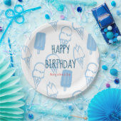 Blauw Hand Geschilderd IJs Patroon Verjaardag Papieren Bordje (Feest)