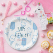 Blauw Hand Geschilderd IJs Patroon Verjaardag Papieren Bordje (Feest)