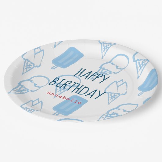 Blauw Hand Geschilderd IJs Patroon Verjaardag Papieren Bordje (Gekanteld)