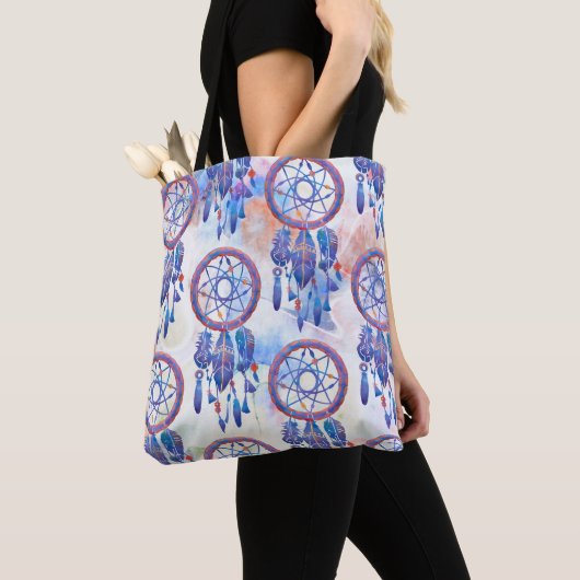Blauw Hand geschilderd Waterverf Modern Boho Tote Bag (Dichtbij)