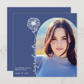Blauw handgeschreven Floral foto Afstuderen Kaart (Voorkant / Achterkant)