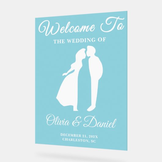 Blauw handgeschreven script Winter Wedding Welkom Acryl Bord (Hoek)