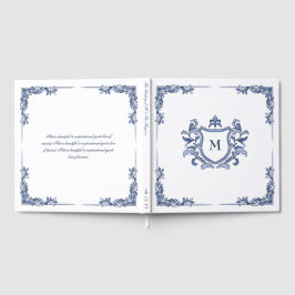 Blauw handgetekend vintage wapen monogram trouwboe gastenboek