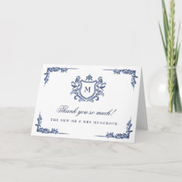 Blauw handgetekend vintage wapenschild monogram br bedankkaart