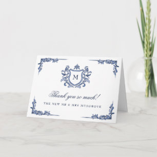 Blauw handgetekend vintage wapenschild monogram br bedankkaart