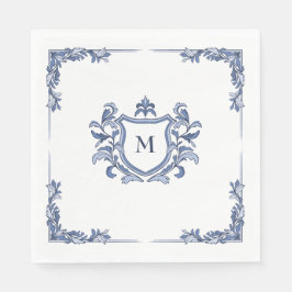 Blauw handgetekend vintage wapenschild monogram tr servet