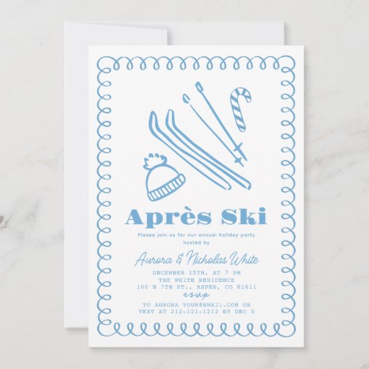 Blauw handgetekende après ski kerstfeest kaart (Voorkant)