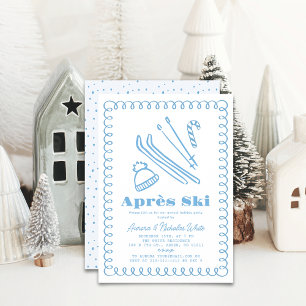 Blauw handgetekende après ski kerstfeest kaart