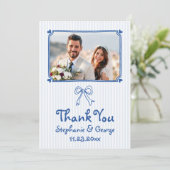 Blauw handgetekende krabbel grillige foto bruiloft bedankkaart (Staand voorkant)