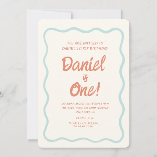 Blauw handschrift Wavy Pastel Baby eerste verjaard Kaart (Voorkant)