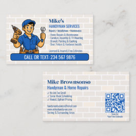Blauw Handyman Cartoon Man Gereedschap Riem QR Hui Visitekaartje
