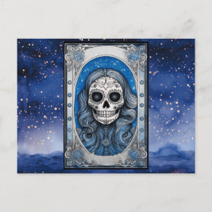 Blauw Harige Schedel Sterrennacht Halloween Feestdagenkaart