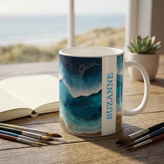 Blauw hars uitzicht golven strand koffiemok