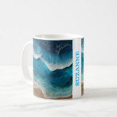 Blauw hars uitzicht golven strand koffiemok (Voorkant links)