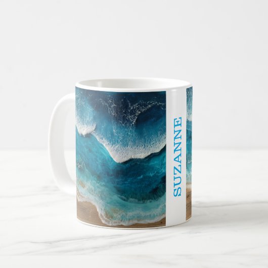 Blauw hars uitzicht golven strand koffiemok (Voorkant links)