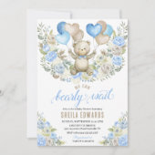 Blauw Hart Ballon Teddybeer Jongen Baby Shower Kaart (Voorkant)