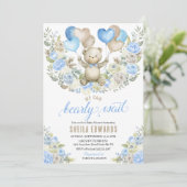 Blauw Hart Ballon Teddybeer Jongen Baby Shower Kaart (Staand voorkant)