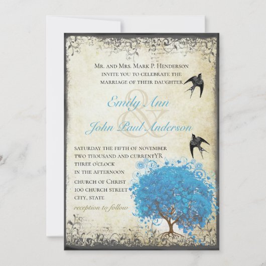 Blauw hart Bladeren  vogelperkament Kaart (Voorkant)