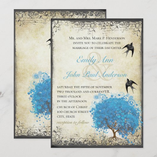 Blauw hart Bladeren  vogelperkament Kaart (Voorkant / Achterkant)