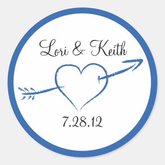 Blauw Hart en Pijl Ronde Sticker (Voorkant)