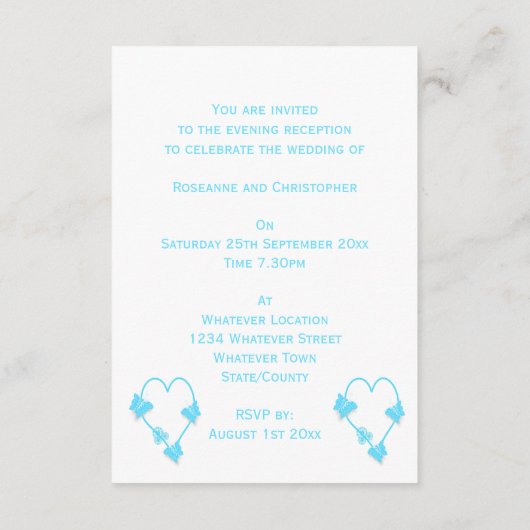 Blauw hart en vlinder ontwerp bruiloft receptie informatiekaartje (Achterkant)
