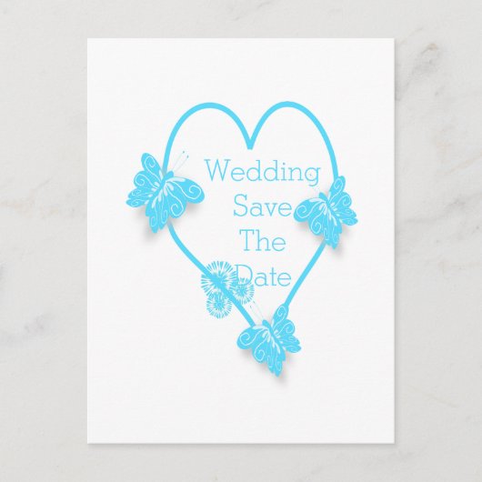 Blauw hart en vlinders ontwerp bruiloft aankondigingskaart (Voorkant)