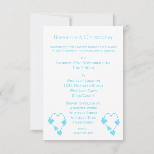 Blauw hart en vlinders ontwerp bruiloft kaart (Achterkant)