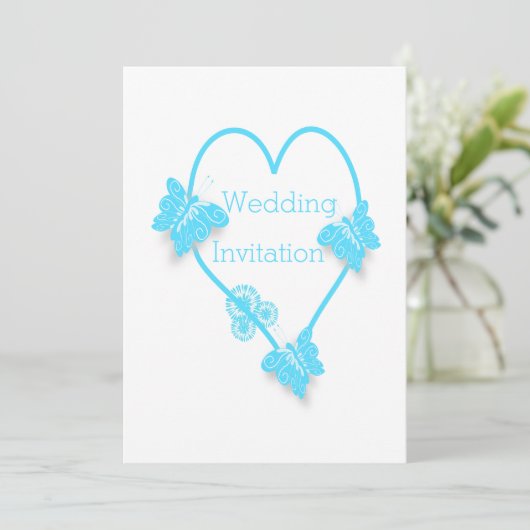 Blauw hart en vlinders ontwerp bruiloft kaart (Staand voorkant)
