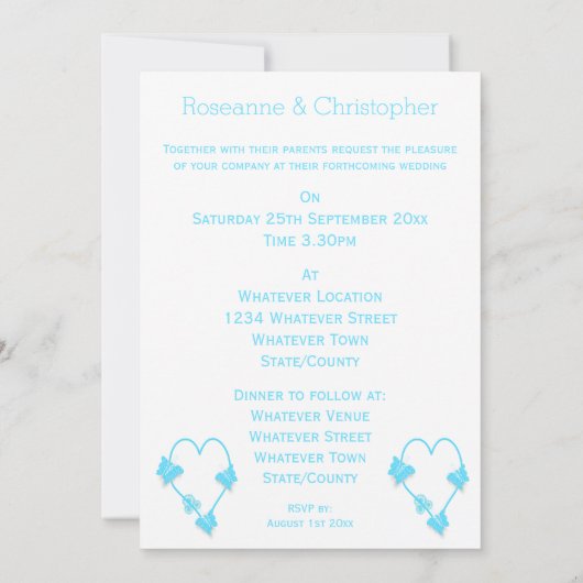 Blauw hart en vlinders ontwerp bruiloft kaart (Achterkant)