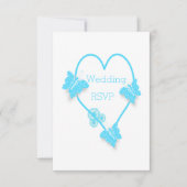 Blauw hart en vlinders ontwerp bruiloft RSVP kaartje (Voorkant)