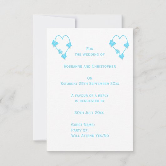Blauw hart en vlinders ontwerp bruiloft RSVP kaartje (Achterkant)