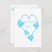 Blauw hart en vlinders ontwerp bruiloft RSVP kaartje (Voorkant / Achterkant)