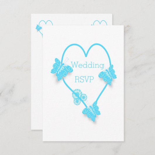 Blauw hart en vlinders ontwerp bruiloft RSVP kaartje (Voorkant / Achterkant)