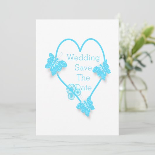 Blauw hart en vlinders ontwerp bruiloft save the date (Staand voorkant)
