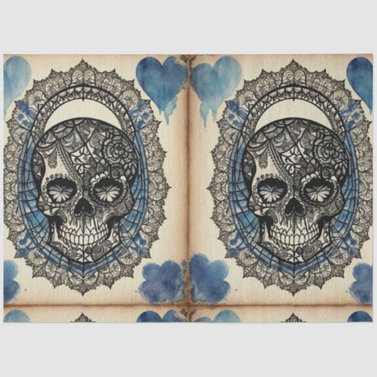 Blauw hart Gothic Sugar Skull ephemera Tissuepapier (Voorkant)