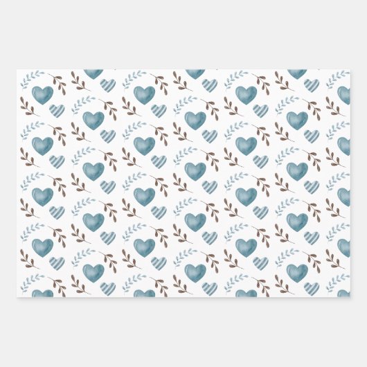 Blauw Hart Inpakpapier Plat Vel Set van 3 (Voorkant 3)