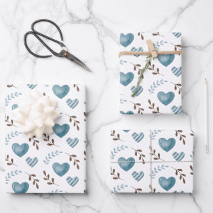 Blauw Hart Inpakpapier Plat Vellen Set van 3