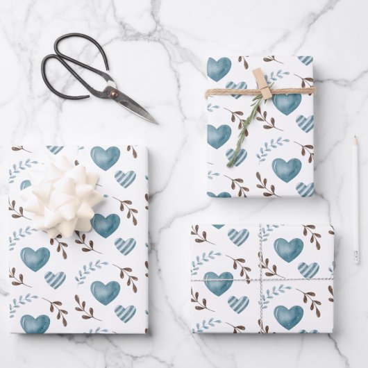 Blauw Hart Inpakpapier Plat Vellen Set van 3 (Voorkant)