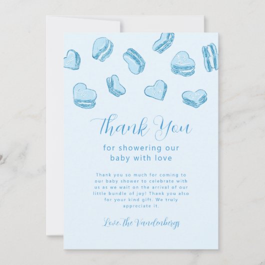 Blauw Hart Macaron Jongen Baby shower Bedankkaart (Voorkant)