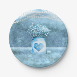 Blauw Hart Mason Jar & Baby's Breath Bruiloft Papieren Bordje