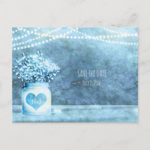 Blauw hart Mason Jar & Baby's Breath Save the Date Aankondigingskaart