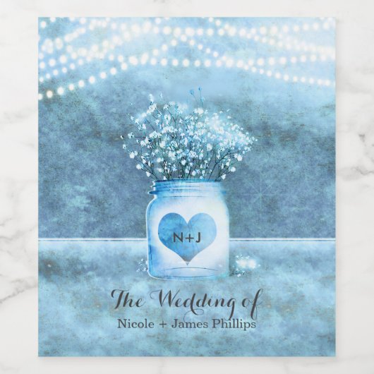 Blauw Hart Mason Jar & Baby's Breath Wijn Labels Wijn Etiket (Enkel label)