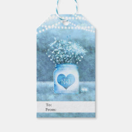 Blauw Hart Mason Pot & Baby's Breath Rustic Cadeaulabel