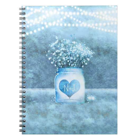 Blauw Hart Mason Pot & Baby's Breath Rustic Notitieboek (Voorkant)